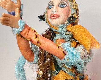 Art Textile Doll, She is Tranquility, Spiritual Doll of many poses, Goddess Athena, Silks, Czech Glass Beads, Wall art decor, Art Doll, Blue