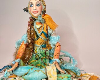 Art Textile Doll, She is Tranquility, Spiritual Doll of many poses, Goddess Athena, Silks, Czech Glass Beads, Wall art decor, Art Doll, Blue