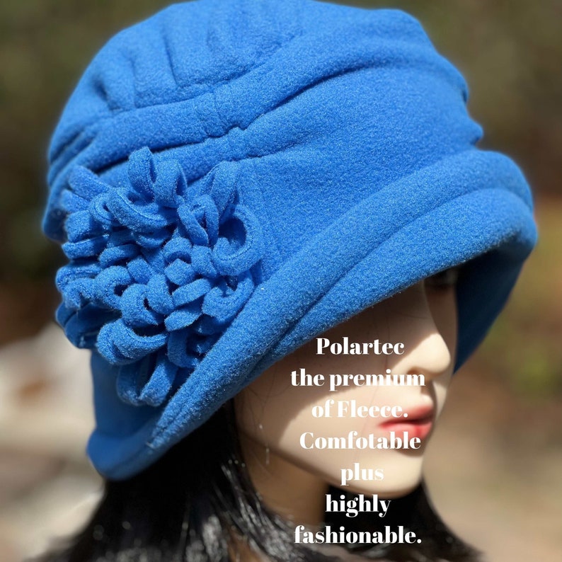 Blue Fleece Hat Cobalt Blue Hat Boho Flower Hat Winter Bucket Hat Ladys Warm Flapper Hat Women's comfortable Chemo Hat Blue image 1