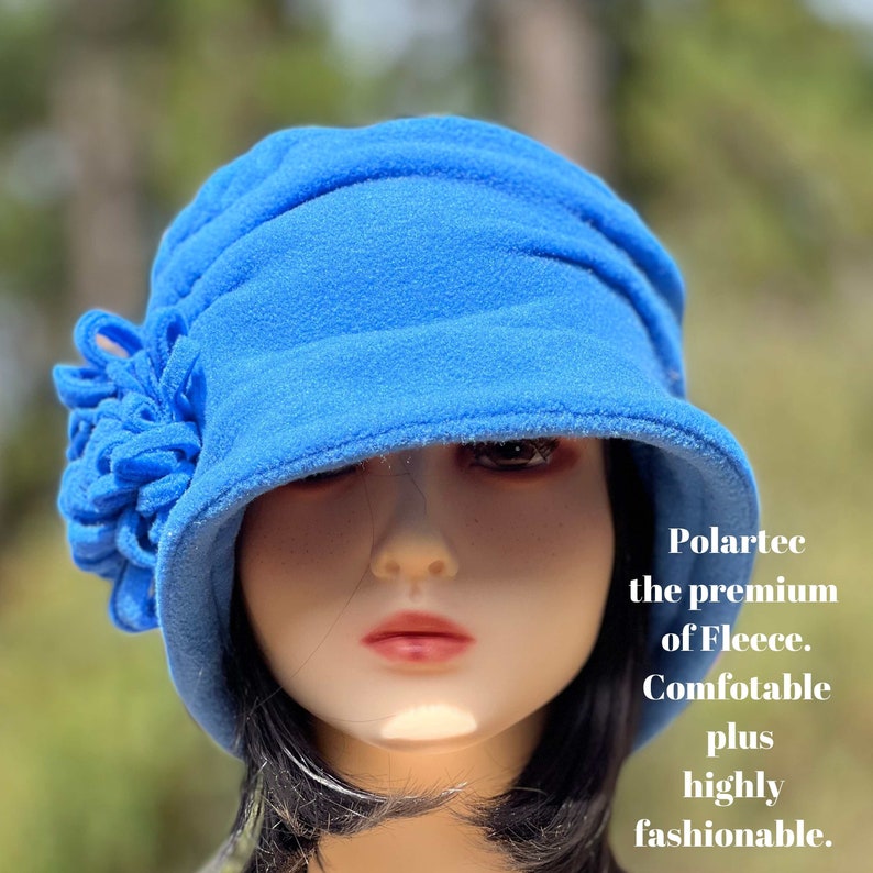 Blue Fleece Hat Cobalt Blue Hat Boho Flower Hat Winter Bucket Hat Ladys Warm Flapper Hat Women's comfortable Chemo Hat Blue image 6