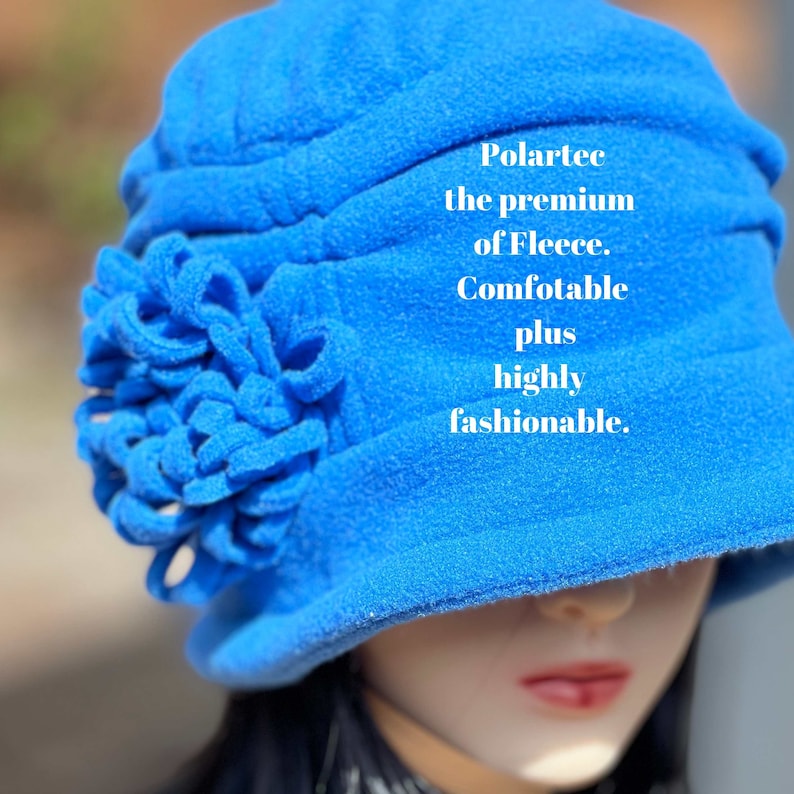 Blue Fleece Hat Cobalt Blue Hat Boho Flower Hat Winter Bucket Hat Ladys Warm Flapper Hat Women's comfortable Chemo Hat Blue image 5