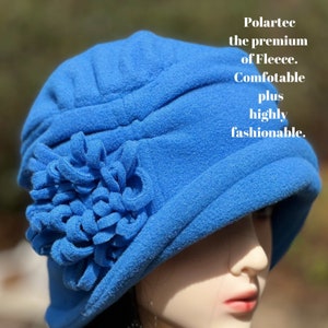 Blue Fleece Hat Cobalt Blue Hat Boho Flower Hat Winter Bucket Hat Ladys Warm Flapper Hat Women's comfortable Chemo Hat Blue image 3