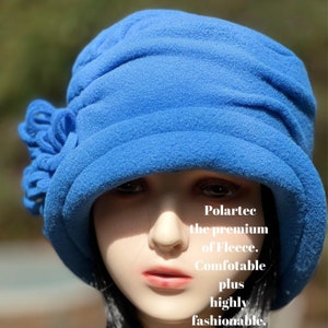 Blue Fleece Hat Cobalt Blue Hat Boho Flower Hat Winter Bucket Hat Ladys Warm Flapper Hat Women's comfortable Chemo Hat Blue image 4