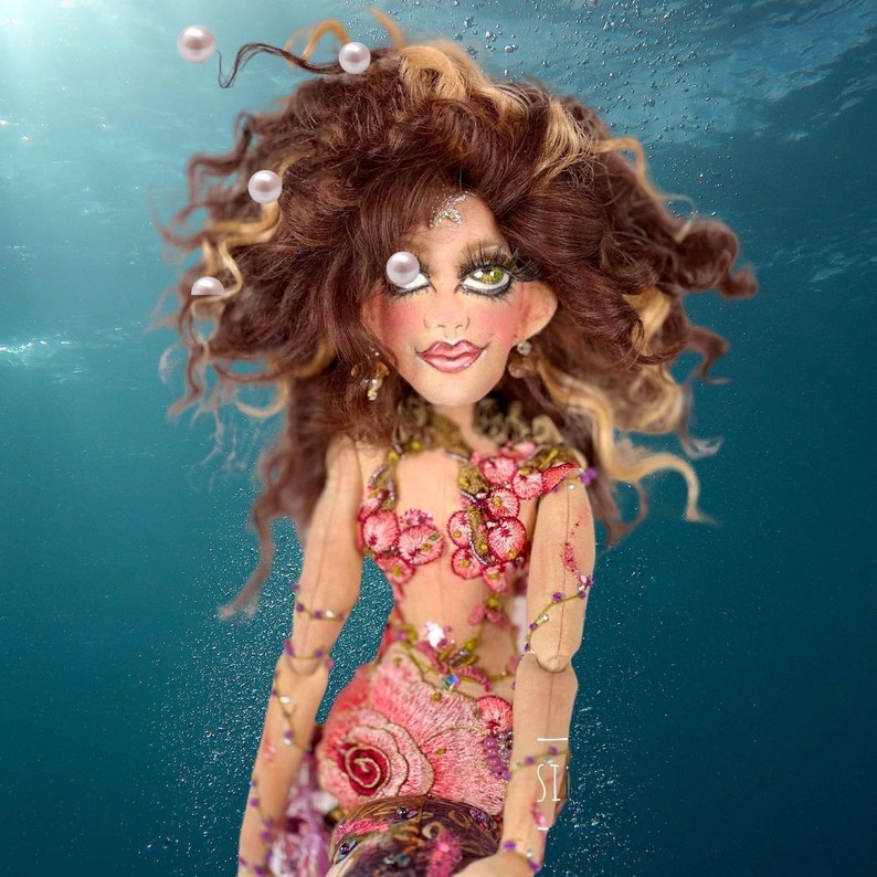 Custom Mermaid, Your personal choices in colors in Hair, Fabric,lips and nails,Eyes and skin tone. Design this mermaid for your décor color image 1