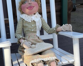 Edna the Farmers wife, primitive doll OOAK one of a kind rustic farmhouse, Handmade Large 48” Folk Art Doll with lots of attention & smiles