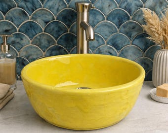 Yellow Ceramic Countertop Sink – Hand-Glazed, Rustic Bathroom Sink