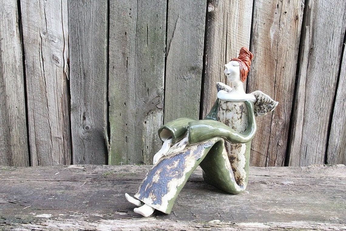 Ceramic sitting angel ceramic sculpture bottle green angel Etsy