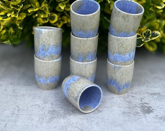 May include: A collection of handmade ceramic shot glasses. The glasses are cylindrical with a speckled beige exterior and a blue glaze detail. The shot glasses are stacked and arranged on a gray surface, with green foliage in the background.