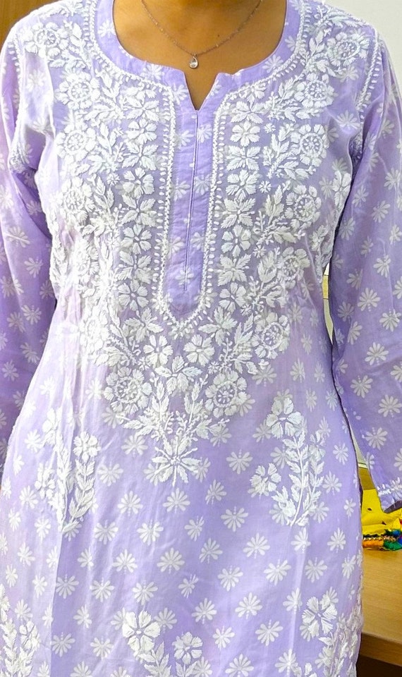Shyamal Chikan Hand Embroidered Purple Muslin Lucknowi Chikankari Kurt