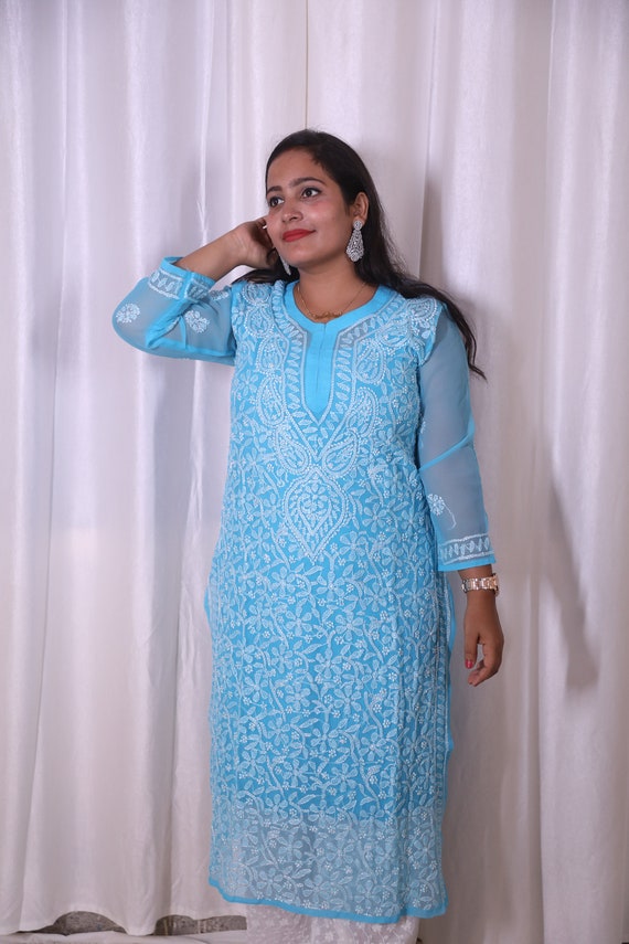 Powder Blue Modal Kurta Garara Set Lucknow Handmade Chikankari Kurti Kaftan  | eBay