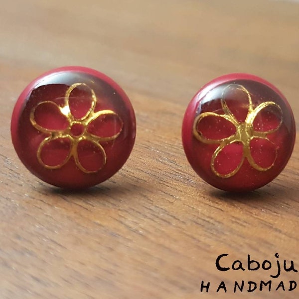 Cabochon stud earrings flower rot/gold 10 mm 272OSBlg