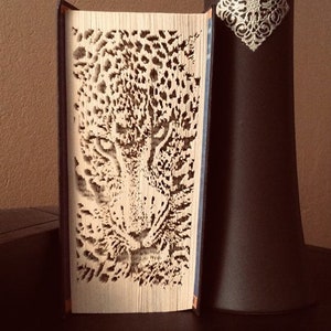 Pode incluir: Uma escultura de livro dobrado apresentando um rosto de leopardo detalhado, criado dobrando com precisão as páginas de um livro de capa dura. Ao lado do livro, há um vaso cilíndrico marrom escuro adornado com um ornamento de filigrana prateada.