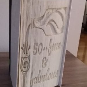 Op de afbeelding: Een wit boek met de pagina's gevouwen tot een 3D-ontwerp van een fles die champagne in een glas giet. De tekst "All 50-Free & Fabulous" is in het boek gegraveerd. Het boek is gesigneerd met "BvdM Designs".
