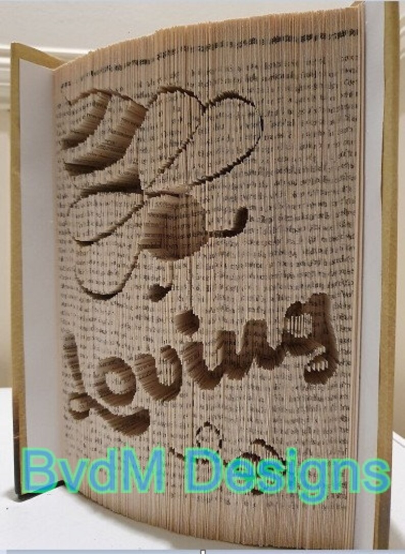 May include: A book art sculpture with the word "loving" cut out of the pages. The sculpture is framed in a wooden frame and has a white background. The artist's signature, "BvdM Designs", is visible at the bottom of the sculpture.