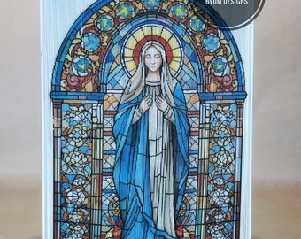 美しいステンドグラスの聖母マリア 3 枚の写真ストリップ パターン