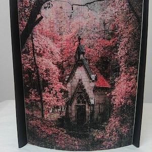 Puede incluir: Una pequeña capilla con techo rojo rodeada de un vibrante bosque rosa y verde. La capilla está hecha de piedra y tiene un arco apuntado. El bosque es exuberante y lleno de árboles. La imagen es una obra de arte de libro, creada doblando las páginas de un libro para crear la imagen.