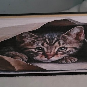 May include: A tabby kitten peeks out from a brown paper bag, its green eyes looking directly at the viewer. The kitten is lying on its belly with its paws tucked under its chest. The bag is made of brown paper and has a crinkled texture. The kitten is the focal point of the image, and the bag is a secondary element.