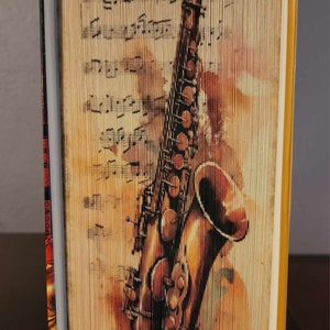3-1 Vintage Musical Saxophone Photo Strip Pattern, Fore-Edge Book Art, Birthday, Thank You, Retirement, Centerpiece, Reception Desk