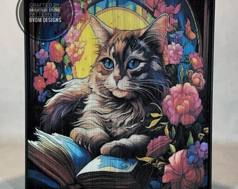 Stained Glass A-12 Cat Books 4 Photo Strip Pattern, Fore-Edge Book Art, Cat Lover, Feline, Reception Desk, Centerpiece, Birthday