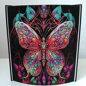 Op de afbeelding: Een kleurrijke vlinder met ingewikkelde details is afgebeeld op een zwarte achtergrond. De vleugels van de vlinder zijn een mix van rood, oranje, geel, groen, blauw en paars. De vlinder is omringd door een bloemmotief.
