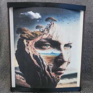 May include: A framed print of a surreal artwork featuring a human face with a landscape inside. The face is made of rock and the landscape is a desert with a mountain range in the distance. The background is a blue sky with clouds.