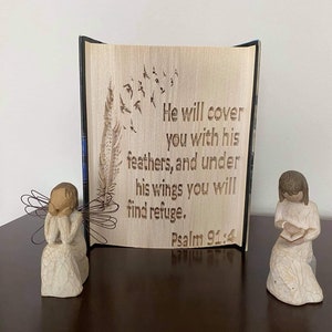 May include: A wooden plaque with a laser-engraved quote from Psalm 91:4, "He will cover you with his feathers, and under his wings you will find refuge." The plaque is surrounded by two small angel figurines.