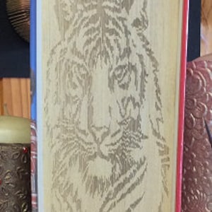 Könnte beinhalten: Nahaufnahme eines Buches mit einem in die Titelseite geätzten weißen Tigergesicht. Das Buch ist in rotem und blauem Stoff gebunden.