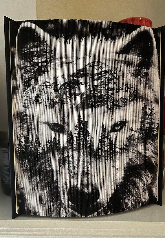 Wolf in Pine Trees Photo Strip Pattern, Fore-edge Book Art, Nature