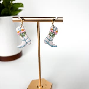Clay Cowgirl Boot Earrings with Floral Design – Western Statement Earrings – Handmade Polymer Clay Jewelry – Country Rodeo Gift for Her