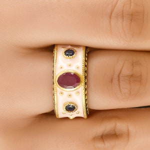 Robijn en blauwe saffier 14 kt goudvermeil op sterlingzilver geëmailleerde art-deco Eternity-band