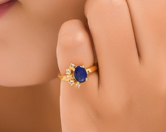 ブルーサファイア、ブルートパーズ、シトリン 14K ゴールドヴェルメイユ スターリングシルバーリング