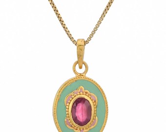 Ruby 14K Gold Vermeil Over Sterling Silver Art Deco Enameled Pendant