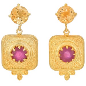 Citrine & Ruby 14K Gold Vermeil Over Sterling Silver Enameled Earring
