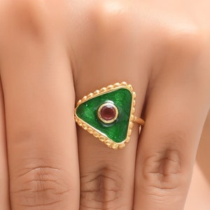 Garnet 14K Gold Vermeil Over Sterling Silver Art Deco Enameled Ring