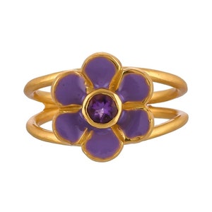 Amethyst 14K Gold Vermeil Over Sterling Silver Art Deco Enameled Ring