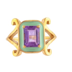 Amethyst 14K Gold Vermeil Over Sterling Silver Art Deco Enameled Ring