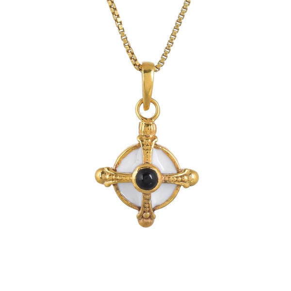 Black Tourmaline 14K Gold Vermeil Over Sterling Silver Art Deco Celtic Cross Enameled Pendant