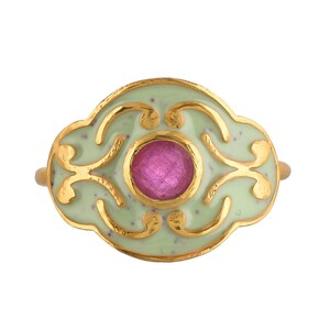 Ruby 14K Gold Vermeil Over Sterling Silver Art Deco Enameled Ring