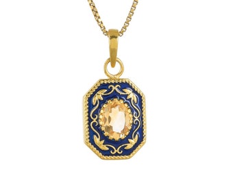 Citrine 14K Gold Vermeil Over Sterling Silver Art Deco Enameled Pendant
