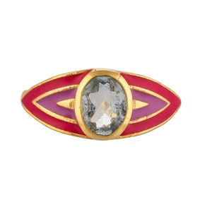 Green Amethyst 14K Gold Vermeil Over Sterling Silver Art Deco Enameled Ring