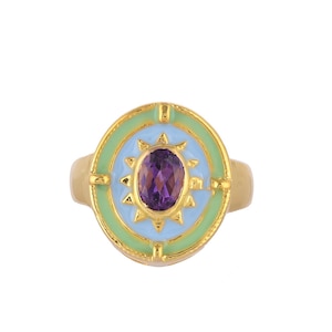 Amethyst 14K Gold Vermeil Over Sterling Silver Art Deco Enameled Ring
