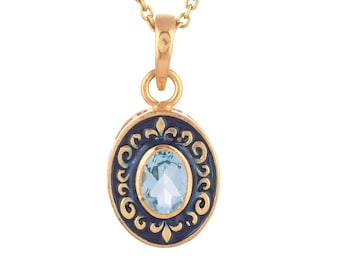 Blue Topaz 14K Gold Vermeil Over Sterling Silver Art Deco Enameled Pendant