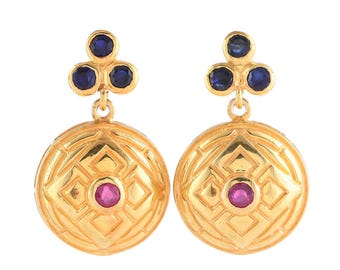 Blauwe saffier en robijn vermeil 14K goud op sterlingzilveren oorbel