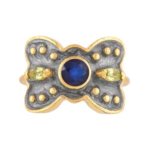 Blue Sapphire & Peridot 14K Gold Vermeil Over Sterling Silver Art Deco Enameled Ring