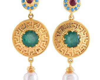 Emerald, Turquoise, Tourmaline & Pearl Vermeil 14K Gold Over Sterling Silver Earring