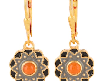 Carnelian 14K Gold Vermeil Over Sterling Silver Art Deco Enameled Earring