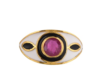 Ruby 14K Gold Vermeil Over Sterling Silver Enameled Art Deco Ring