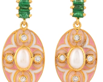 Emerald & Pearl Vermeil 14K Gold Over Sterling Silver Enameled Earring