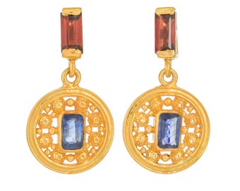 Blauwe saffier en robijn vermeil 14K goud op sterlingzilveren oorbel