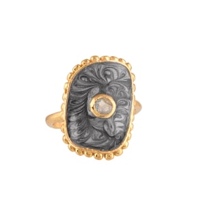 Labradorite 14K Gold Vermeil Over Sterling Silver Enameled Art Deco Ring